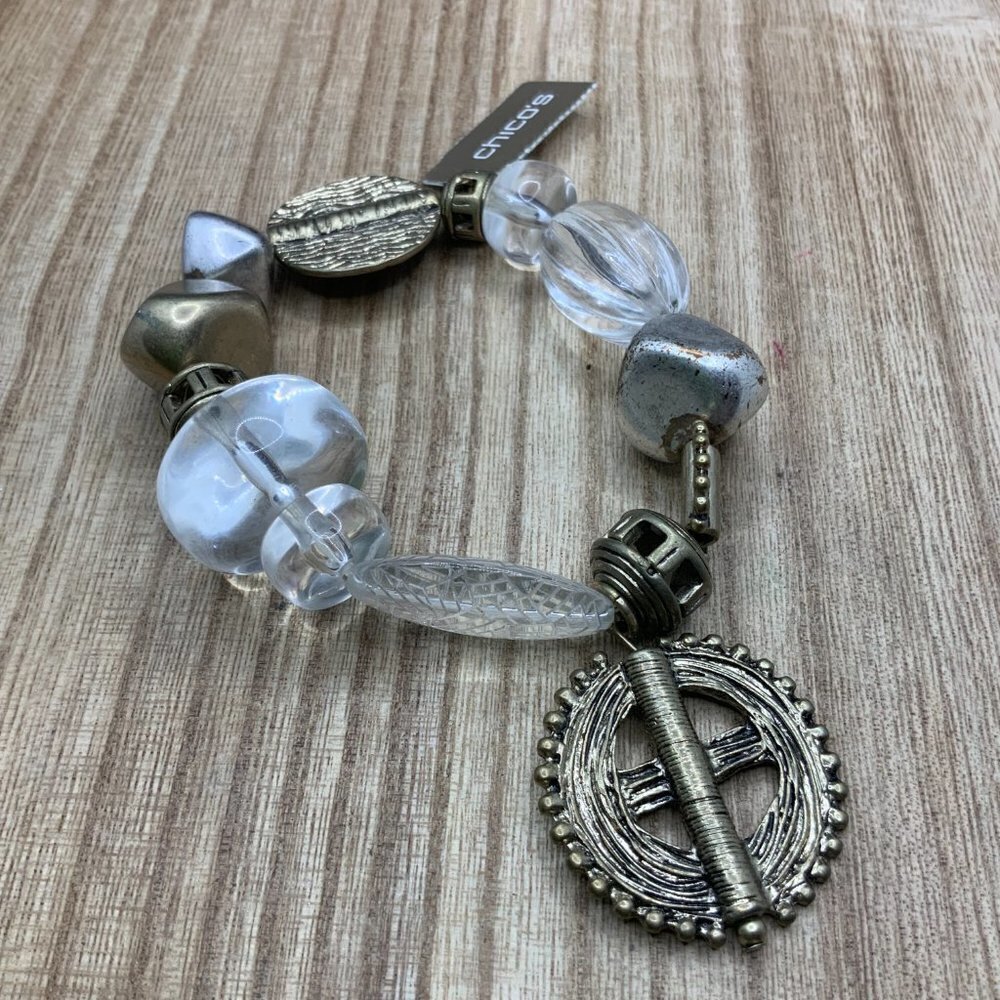 CHICO'S NWT 'Arria' Silver Gold Tone Beaded Stretchy Bracelet